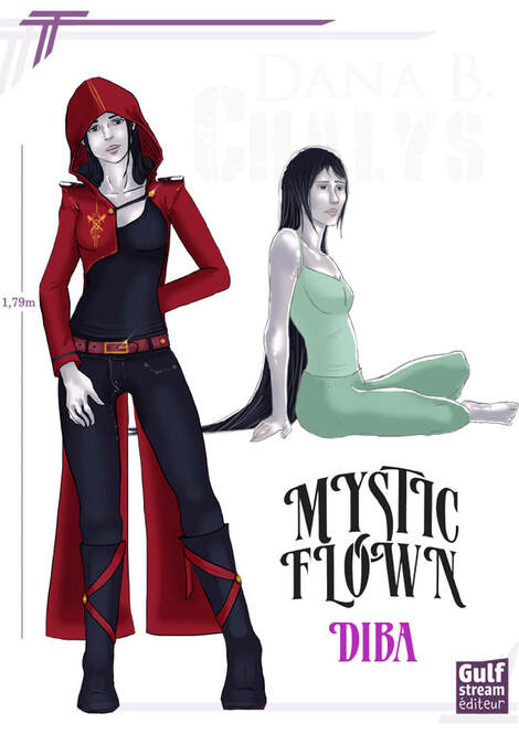 Illustration de Diba, étudiante dans une université de magie. Diba a de longs cheveux noirs, une peau nacrée, et porte l'uniforme de son université composé d'un long manteau rouge, d'un tee-shirt et d'un pantalon noirs, ainsi que de bottes noires décorées par deux lanières rouges.